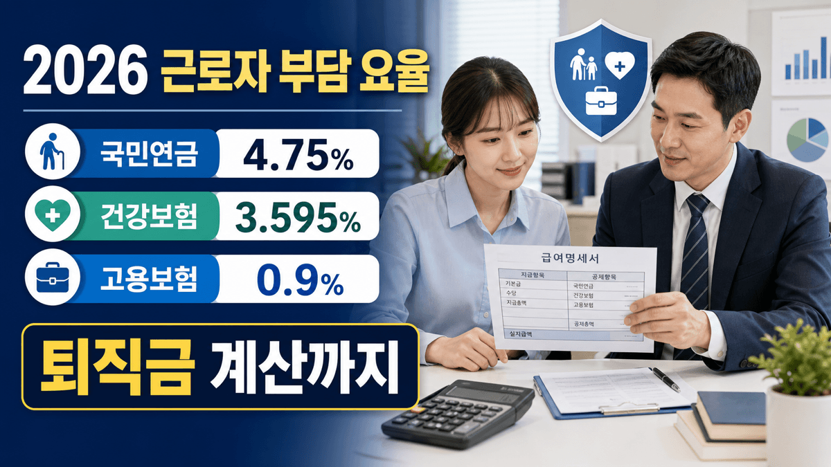 2026 근로자 부담 요율 국민연금 4.75퍼센트 건강보험 3.595퍼센트 고용보험 0.9퍼센트 퇴직금 계산 안내