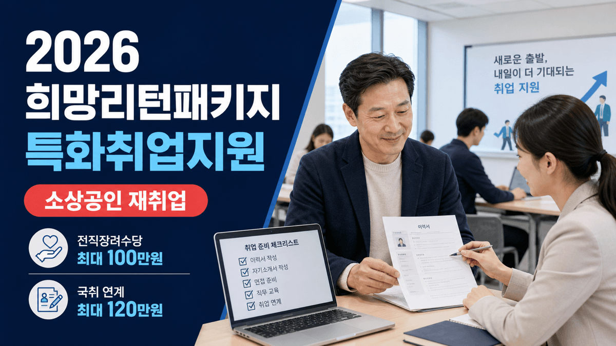 2026년 희망리턴패키지 특화취업지원과 전직장려수당 최대 100만 원을 안내하는 이미지