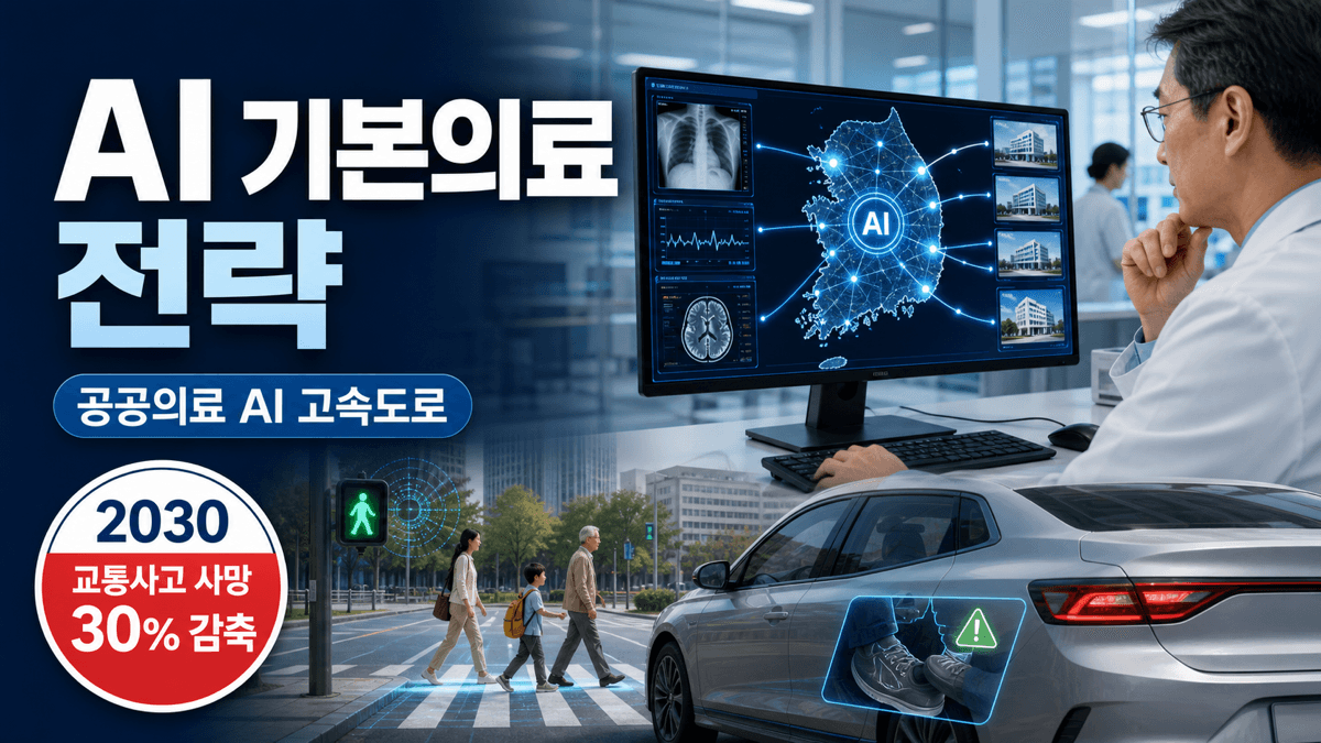 공공병원을 연결하는 의료 AI 화면과 AI 보행신호·페달오조작 방지 차량