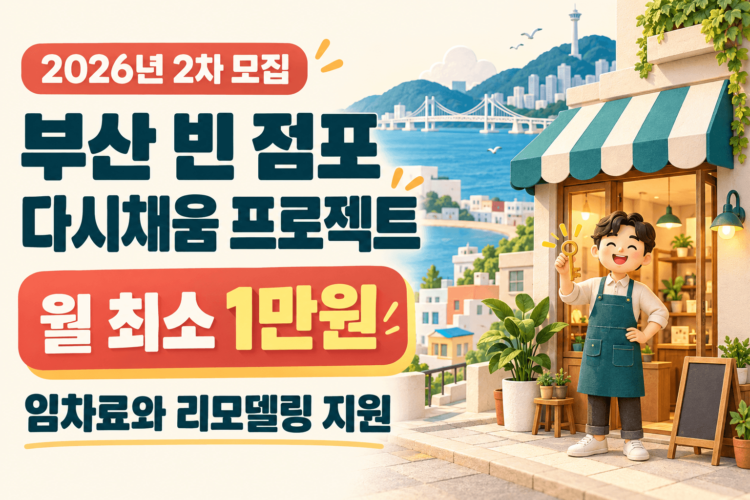 부산 빈 점포 다시채움 프로젝트 2026년 2차 모집과 월 최소 1만원 임차료 지원을 안내하는 점포 및 창업자 AI 생성 일러스트