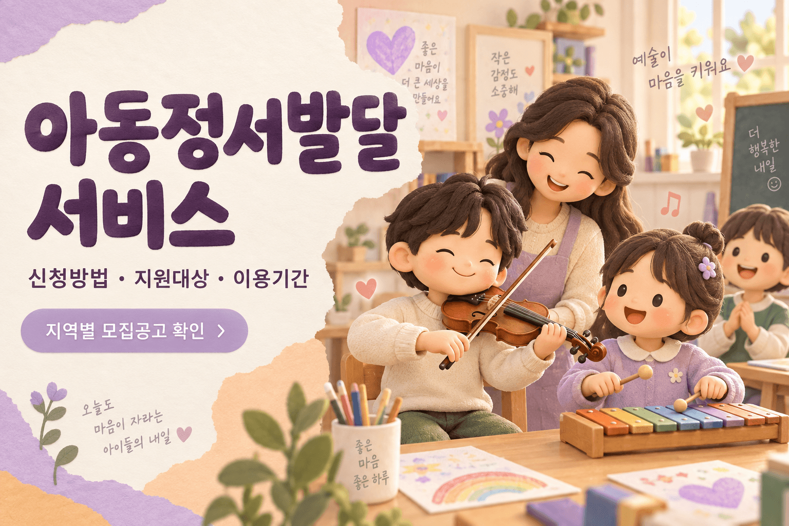 아동정서발달서비스 신청방법·지원대상·이용기간 문구와 악기 활동에 참여하는 아이들 및 교사 일러스트