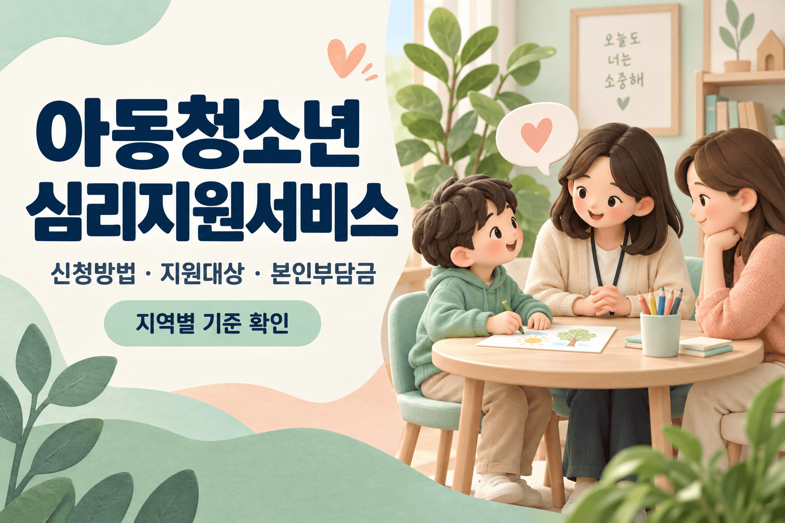 아동청소년 심리지원서비스 신청방법·지원대상·본인부담금 안내와 아이·보호자·상담사의 따뜻한 상담 장면