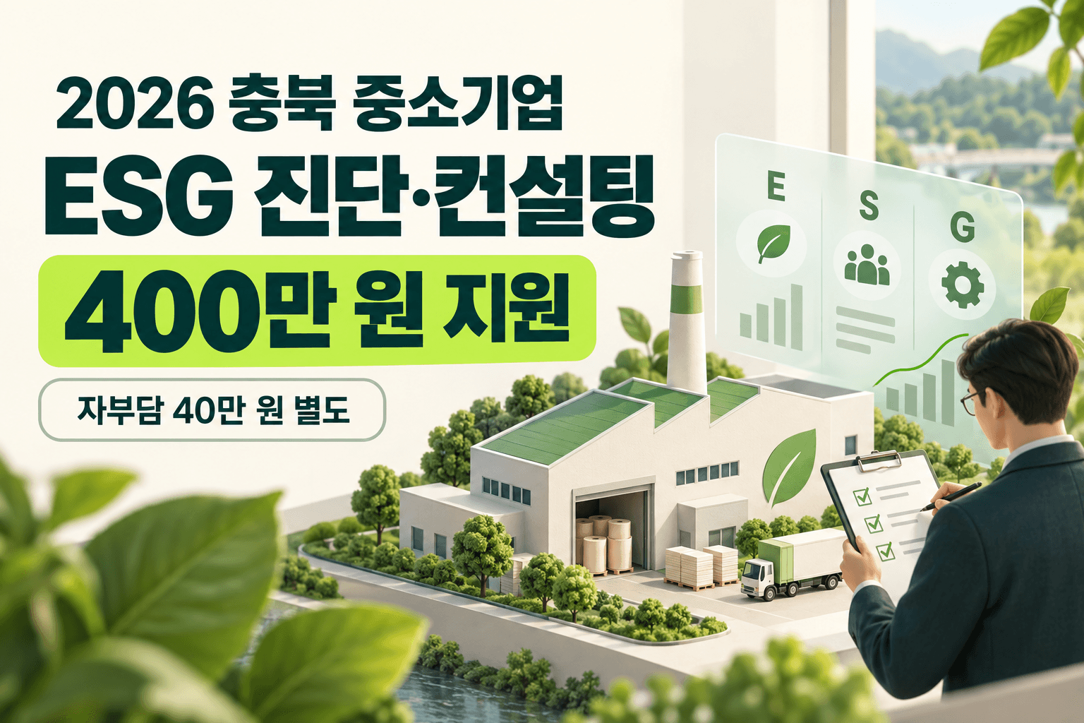 2026 충북 중소기업 ESG 진단 컨설팅 지원금 400만 원과 별도 자부담 40만 원을 안내하는 공장과 컨설턴트 일러스트