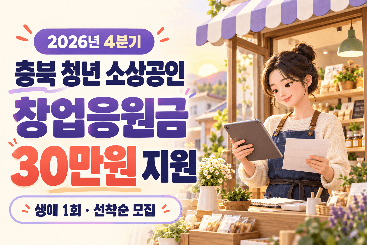 2026년 4분기 충북 청년 소상공인 창업응원금 30만원과 생애 1회 선착순 모집을 안내하는 청년 점포 운영자 AI 생성 일러스트