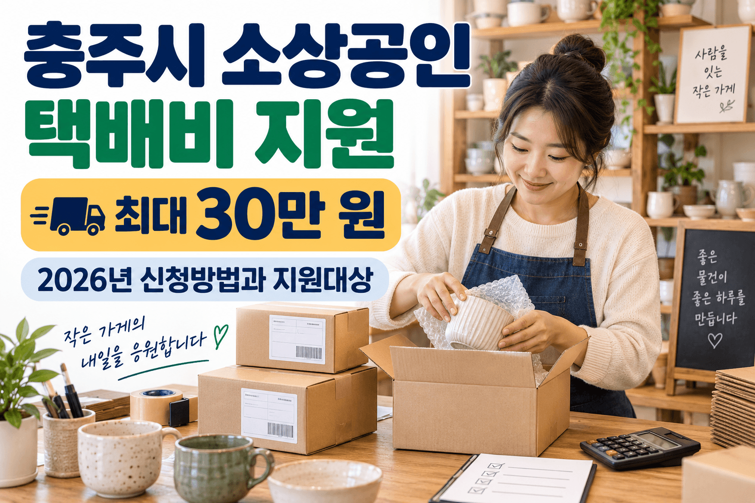 충주시 소상공인 택배비 최대 30만 원 지원과 2026년 신청방법을 안내하는 택배 포장 일러스트
