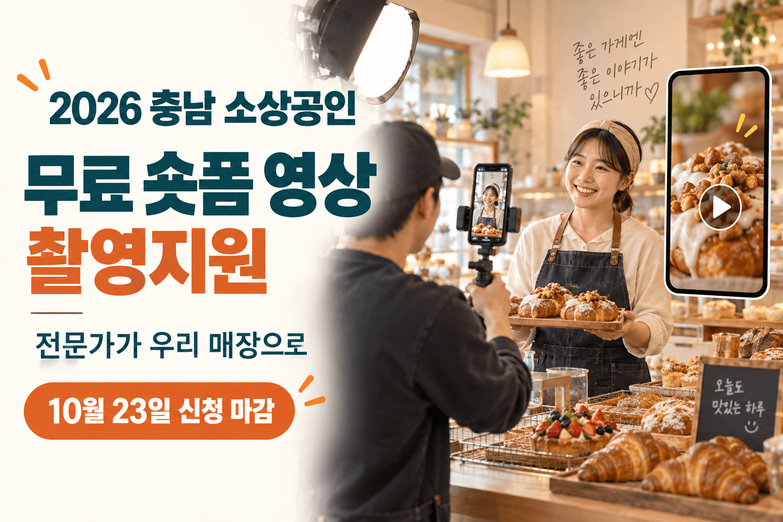 2026 충남 소상공인 무료 숏폼 영상 촬영지원과 10월 23일 신청 마감을 안내하는 매장 방문 촬영 일러스트