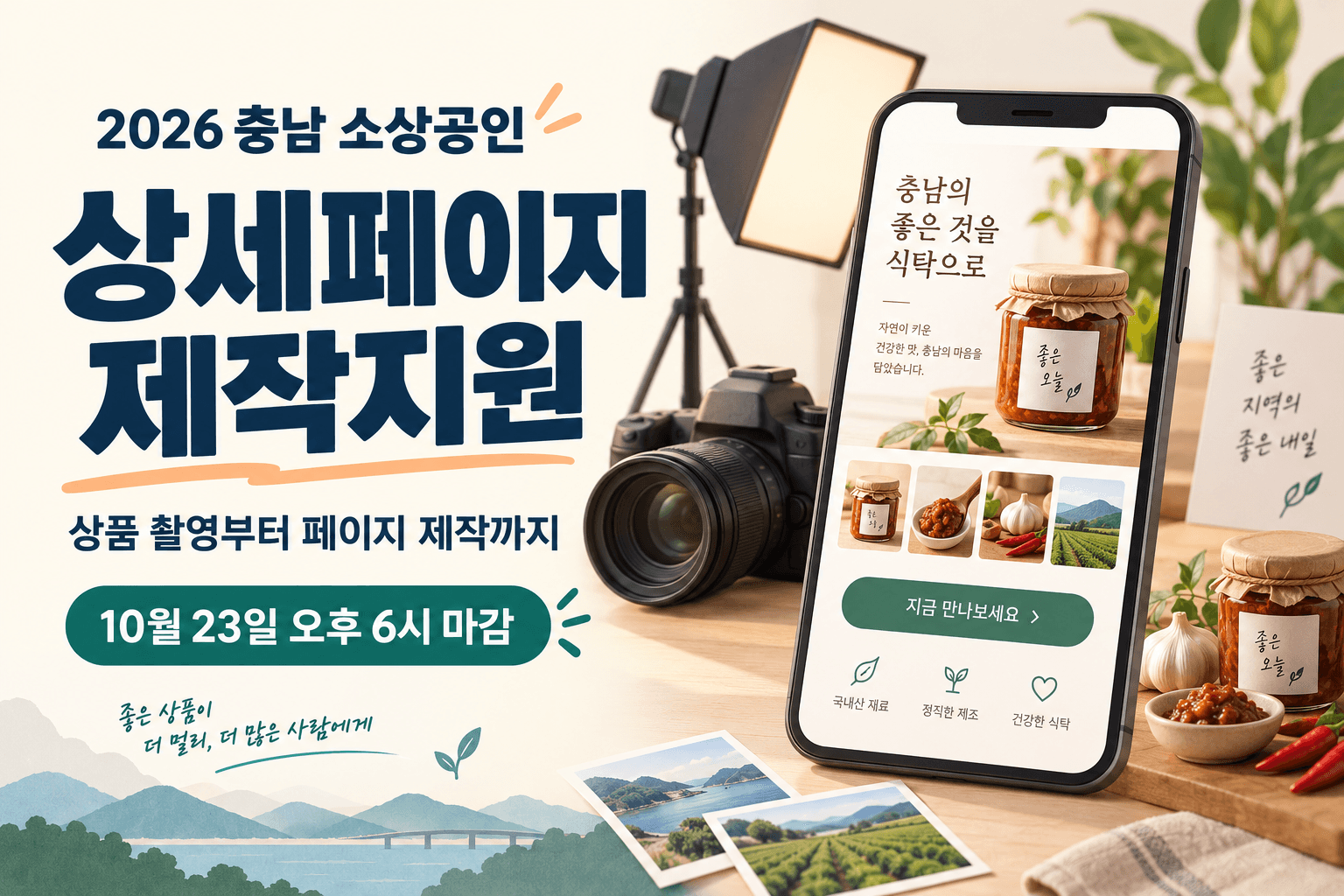 2026 충남 소상공인 상세페이지 제작지원과 10월 23일 오후 6시 마감을 안내하는 상품 촬영 및 모바일 상세페이지 일러스트