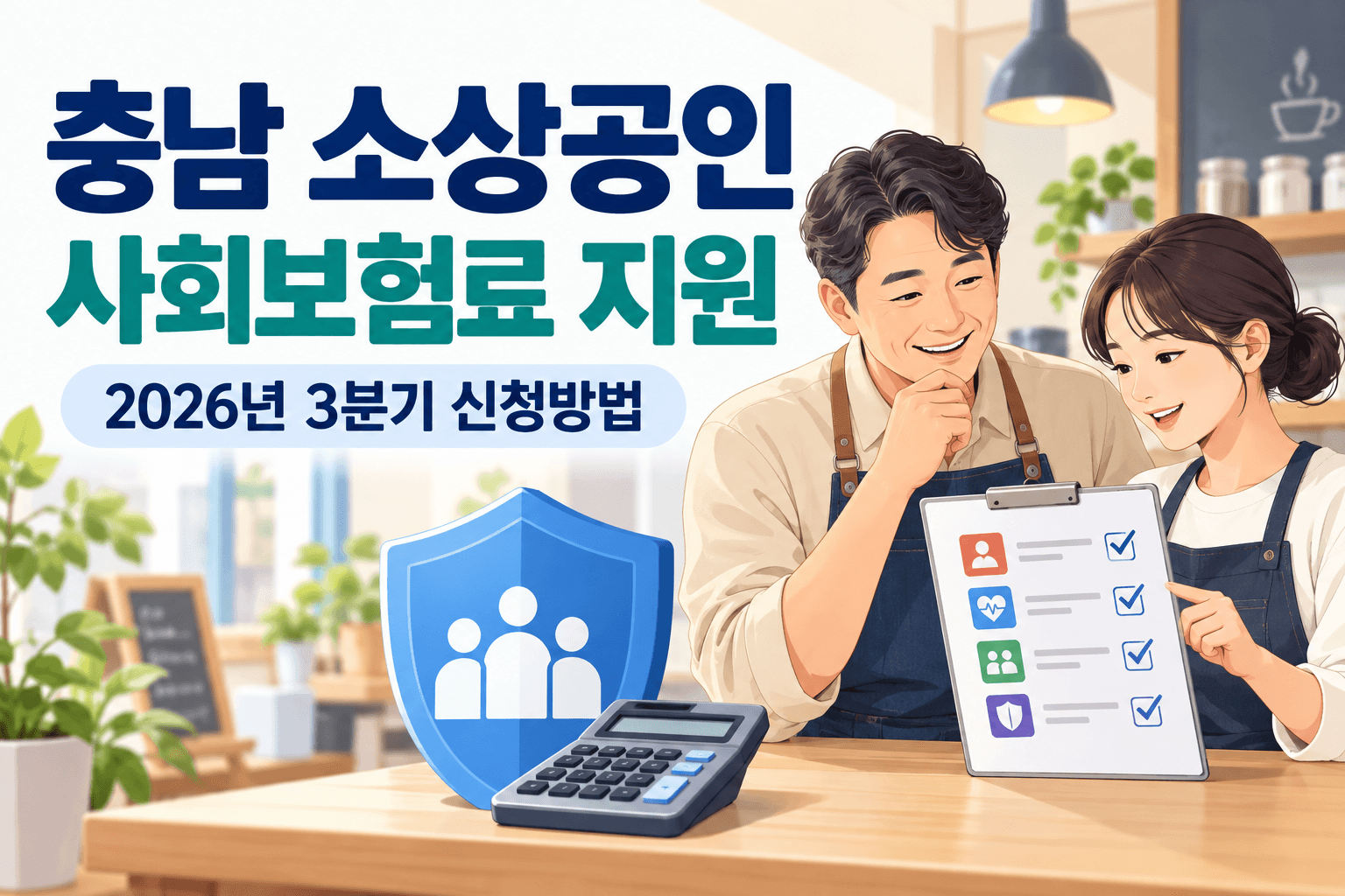 충남 소상공인 사회보험료 지원과 2026년 3분기 신청방법을 안내하는 사업주와 근로자 일러스트