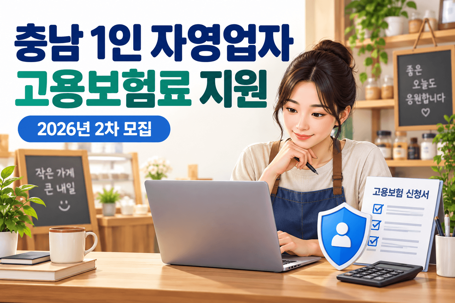 충남 1인 자영업자 고용보험료 지원 2026년 2차 모집을 안내하는 혼자 가게를 운영하는 사업주 일러스트