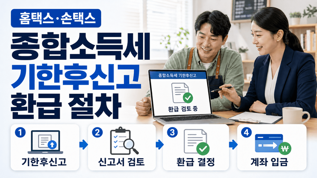홈택스와 손택스에서 종합소득세 기한후신고 후 신고서 검토, 환급 결정, 계좌 입금으로 이어지는 절차