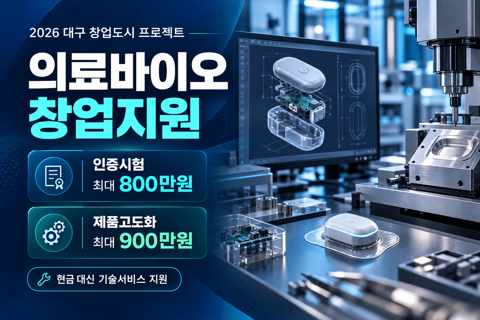 대구 의료바이오 창업지원의 인증시험 최대 800만원과 제품고도화 최대 900만원 기술서비스를 안내하는 의료기기 개발공간 AI 생성 이미지