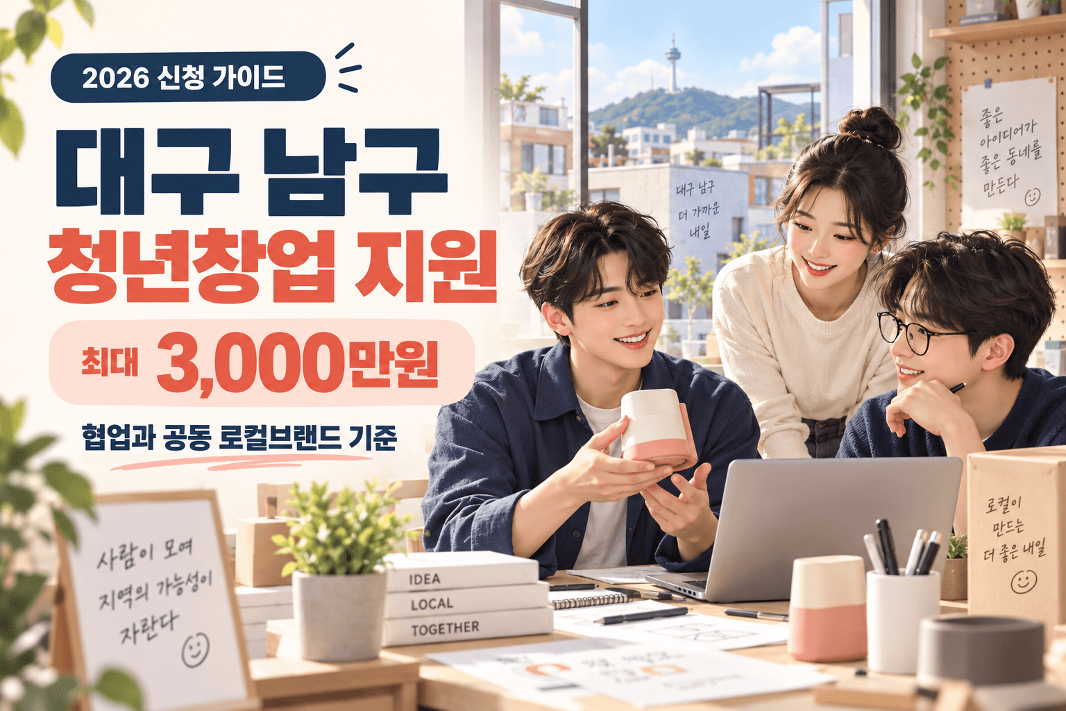 대구 남구 청년창업 지원과 협업 및 공동 로컬브랜드 최대 3000만원 조건을 안내하는 창업팀 일러스트