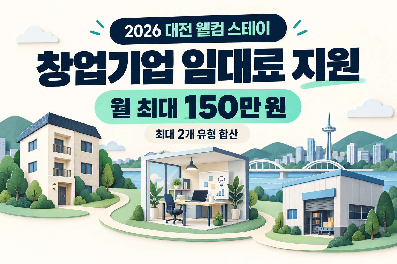 2026 대전 웰컴 스테이 창업기업 임대료 지원 월 최대 150만 원과 최대 2개 유형 합산 조건을 안내하는 주거 사무 제조공간 일러스트