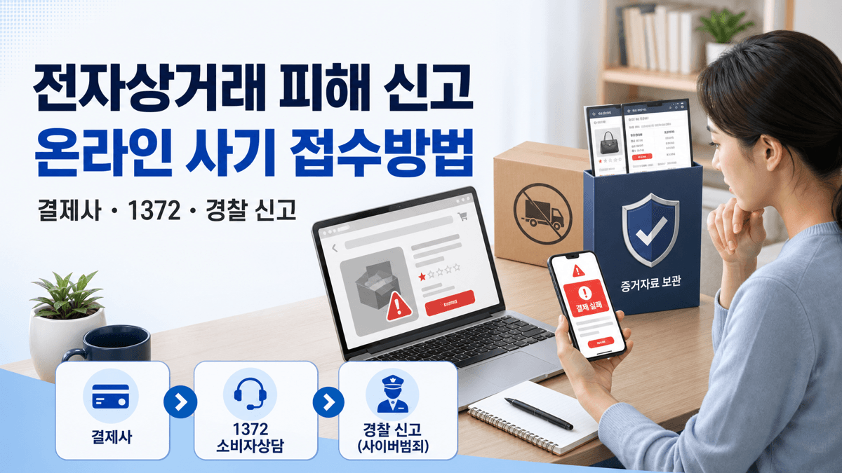 전자상거래 피해와 온라인 사기 발생 시 결제사 1372 소비자상담 경찰 신고 순서를 안내하는 이미지