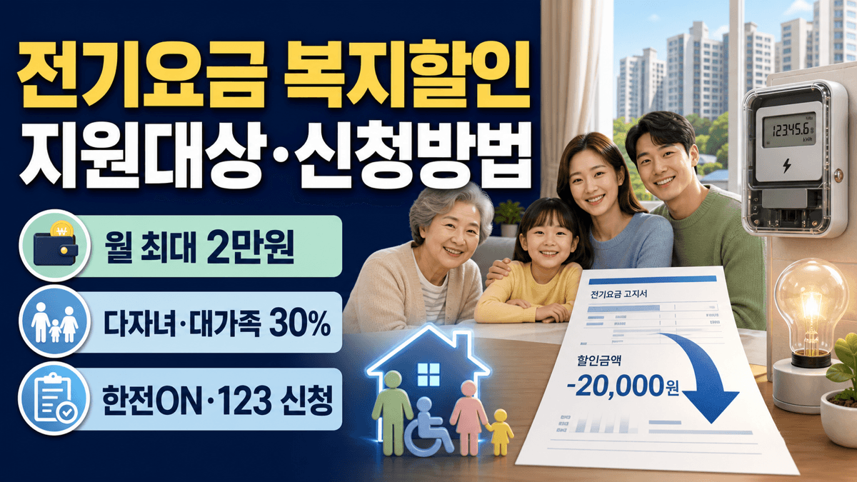 전기요금 복지할인 대상과 월 최대 2만원 및 다자녀 대가족 30퍼센트 한전ON 신청 안내