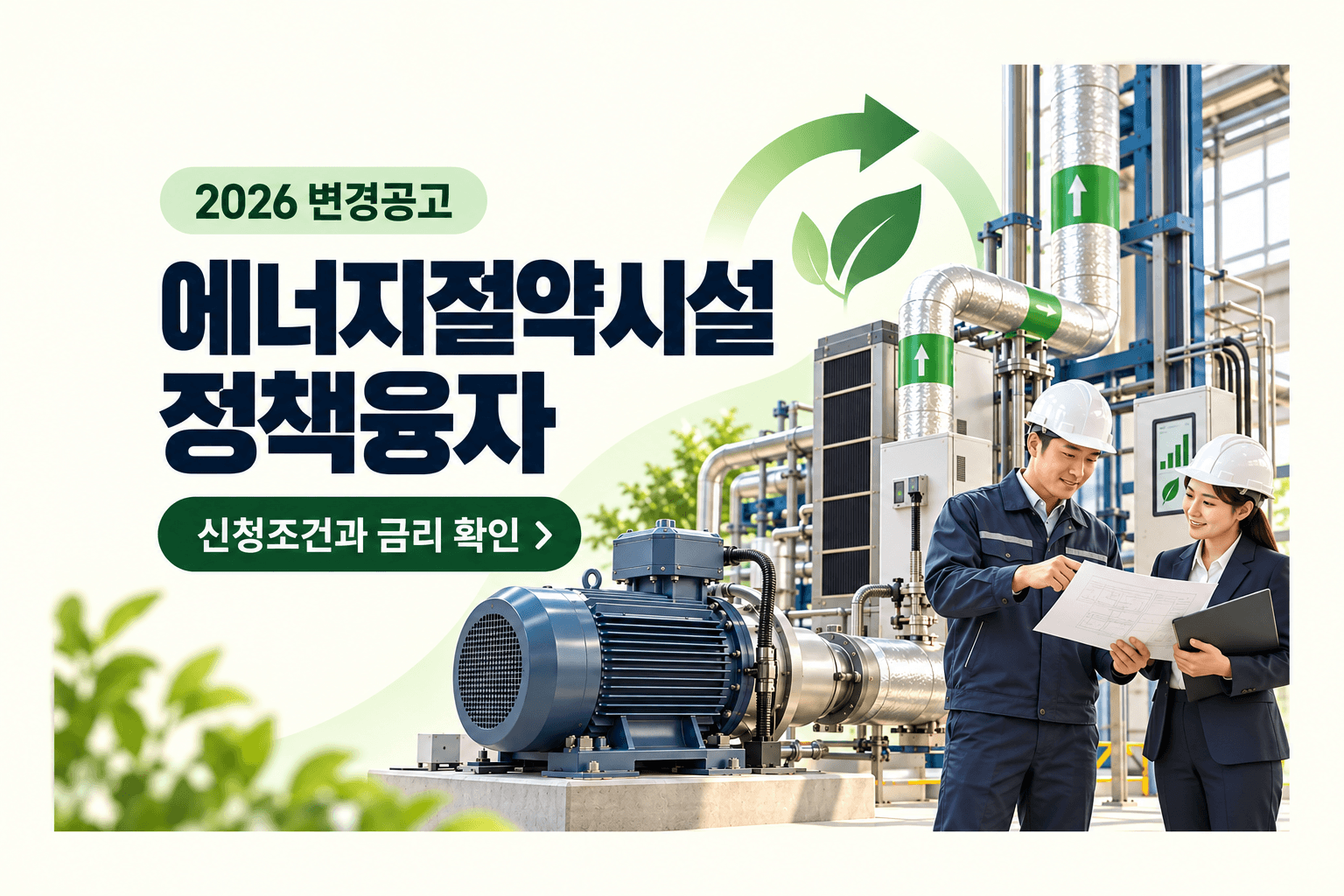 2026 에너지절약시설 정책융자 신청조건과 금리 확인 안내 및 고효율 모터와 배관 설비를 검토하는 담당자를 표현한 AI 생성 일러스트