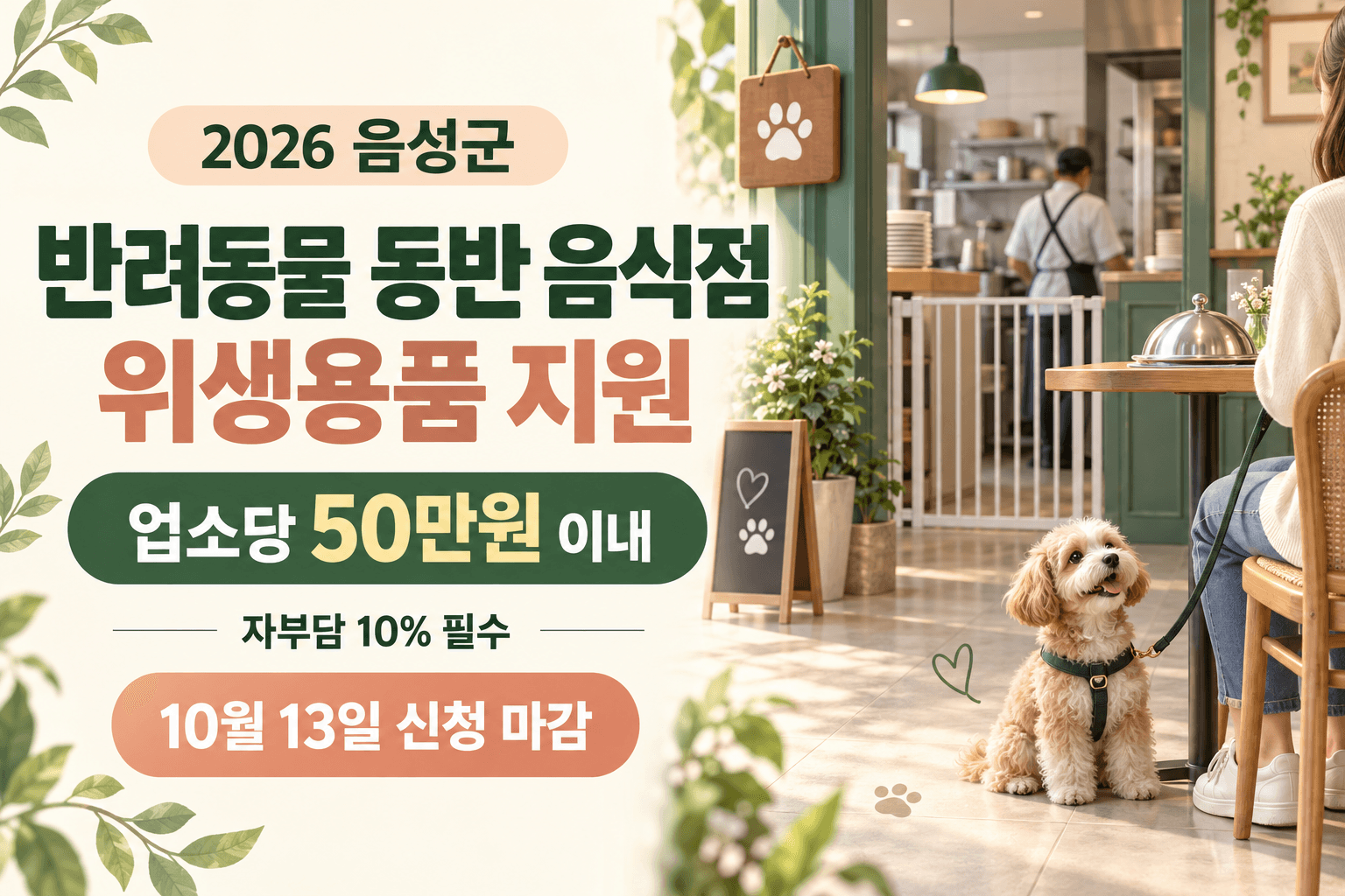 2026 음성군 반려동물 동반 음식점 위생용품 지원과 업소당 50만 원 이내 및 자부담 10% 조건을 안내하는 음식점과 반려견 일러스트
