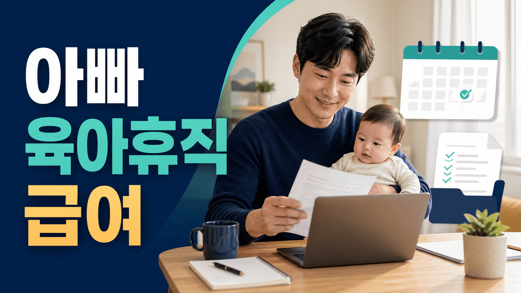 아빠가 아기를 돌보며 육아휴직 급여 신청서류와 기간을 확인하는 모습