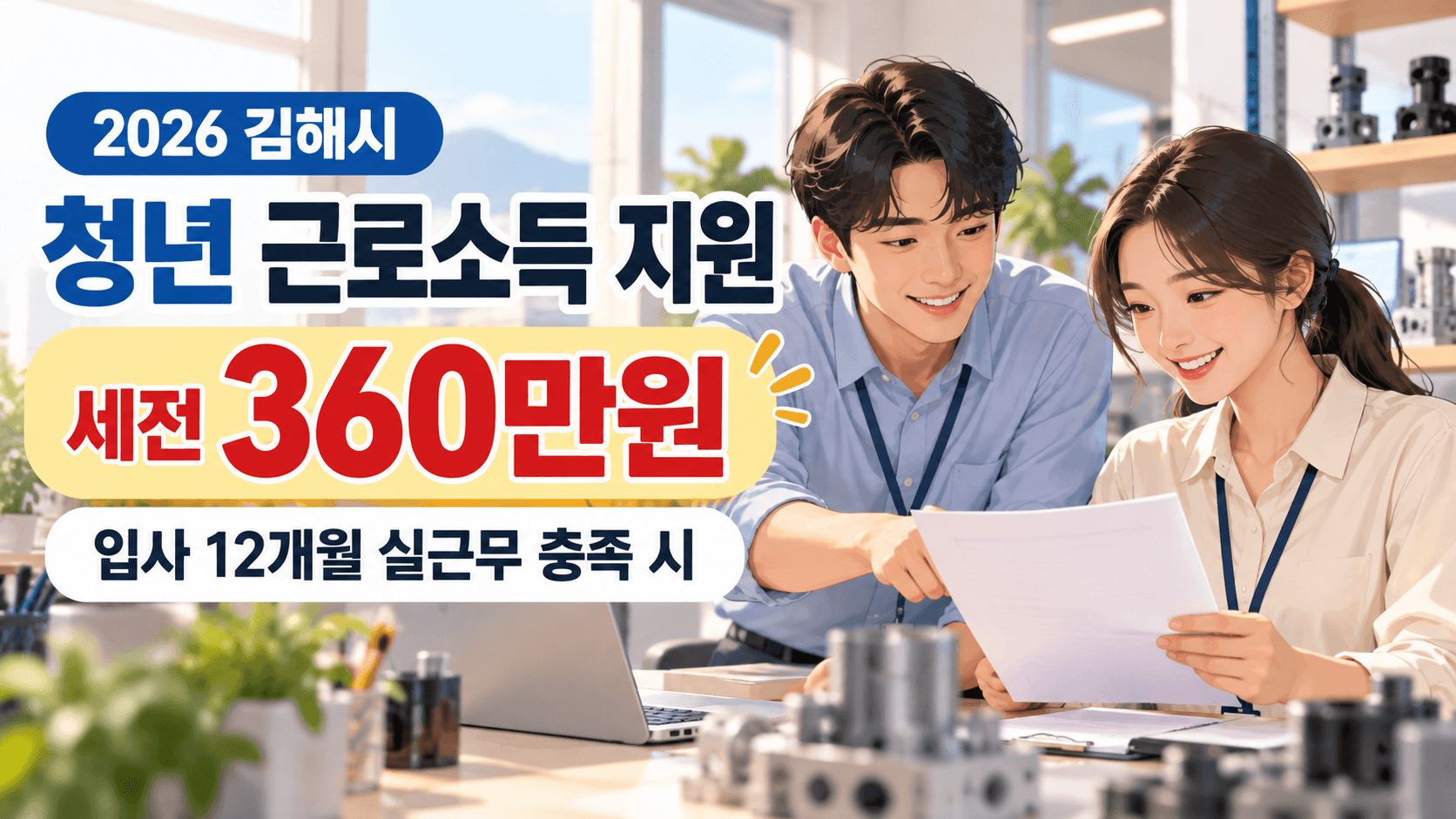 김해 청년 근로소득 세전 360만원 지원과 입사 12개월 실근무 조건을 안내하는 청년 직장인의 AI 생성 일러스트