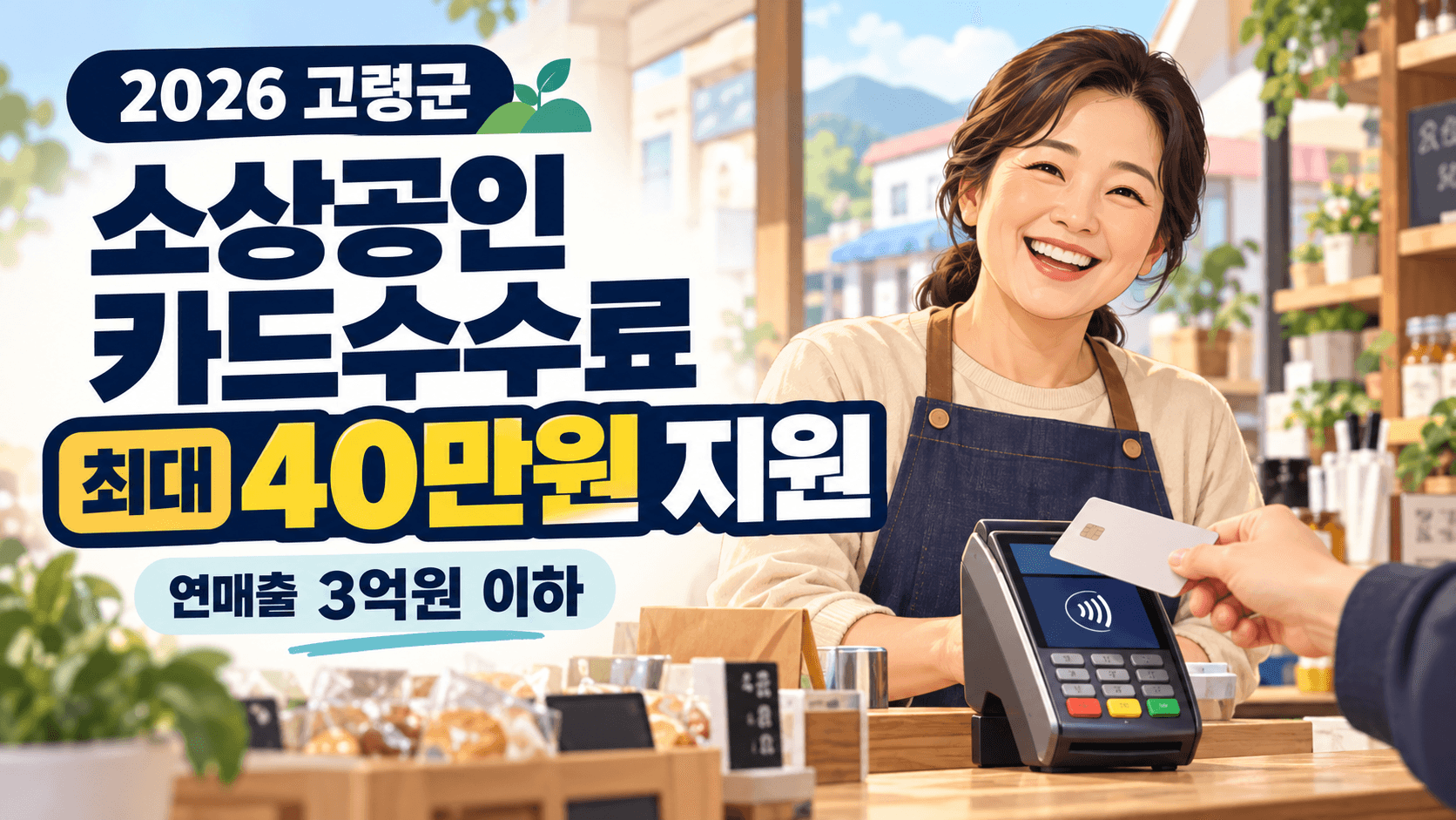 고령군 소상공인 카드수수료 최대 40만원 지원과 연매출 3억원 이하 조건을 안내하는 카드 결제 장면의 AI 생성 일러스트