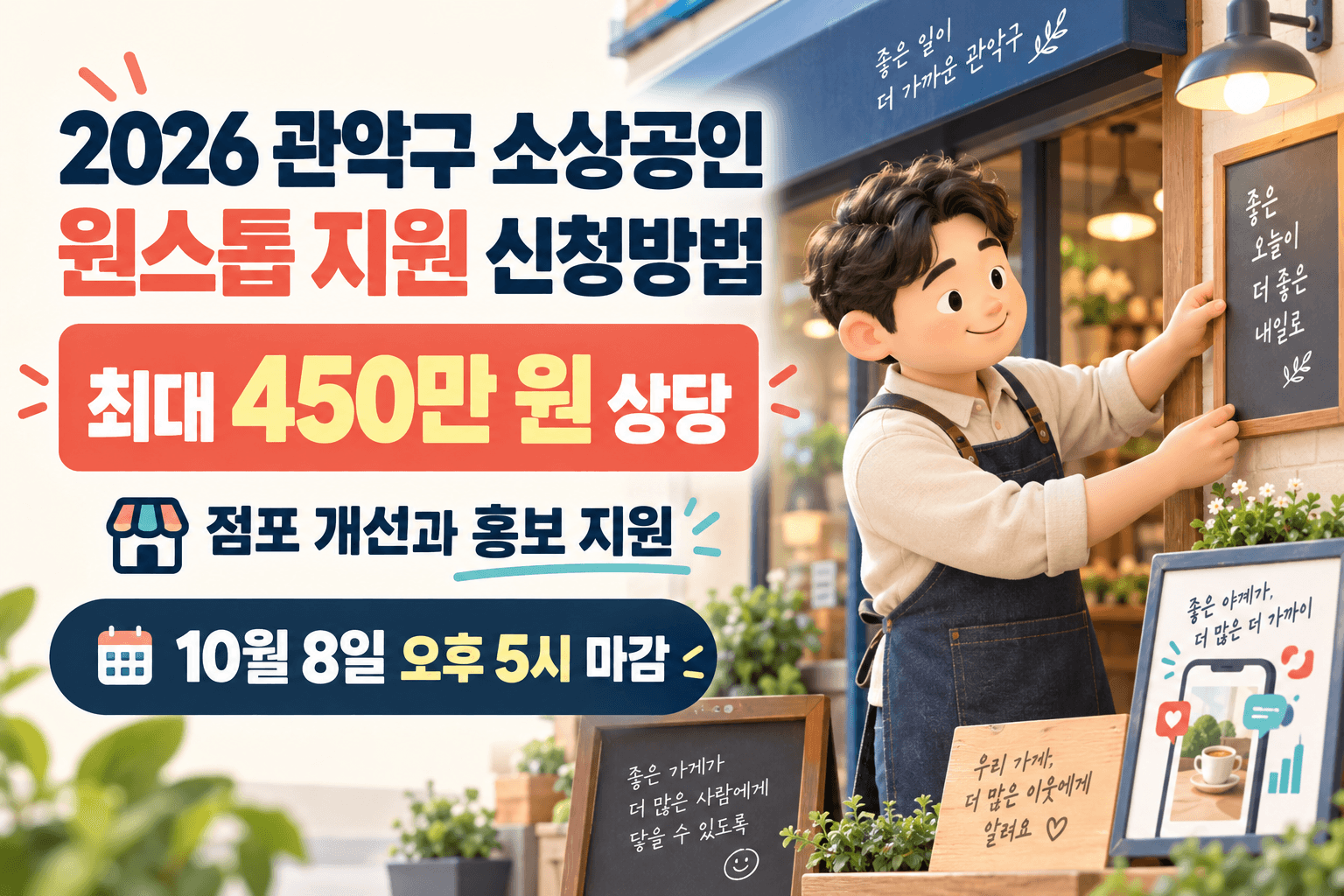 2026 관악구 소상공인 원스톱 지원 최대 450만 원 상당과 10월 8일 오후 5시 마감을 안내하는 점포 개선 일러스트