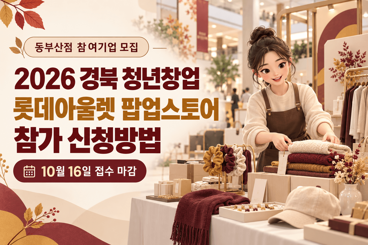 2026 경북 청년창업 롯데아울렛 동부산점 팝업스토어 참가 신청과 10월 16일 마감을 안내하는 청년 판매자와 전시부스 일러스트