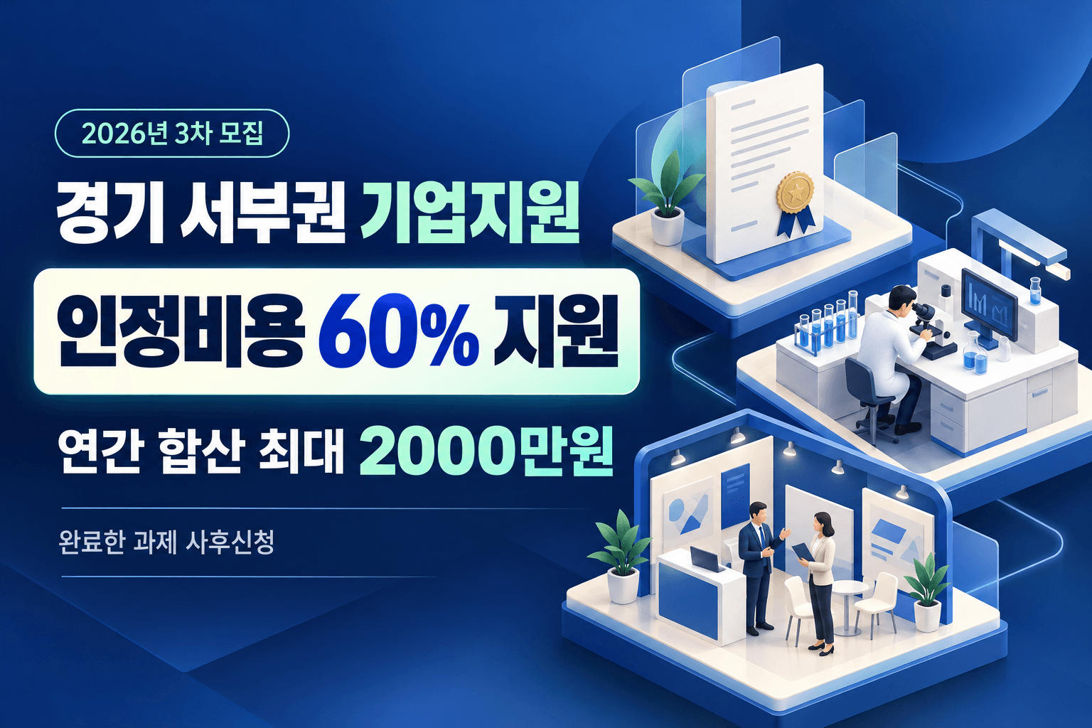 경기 서부권 기업의 완료 과제 사후신청과 인정비용 60% 지원 및 연간 합산 최대 2000만원을 안내하는 특허 문서 시험분석 전시회 AI 생성 이미지