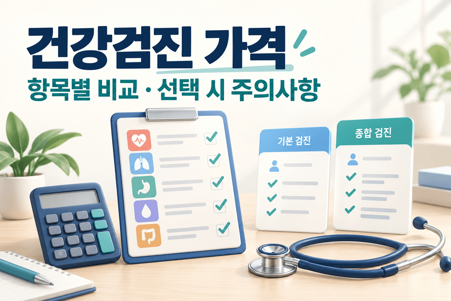 건강검진 가격과 항목별 비교·선택 시 주의사항을 검진표·계산기·청진기로 표현한 썸네일