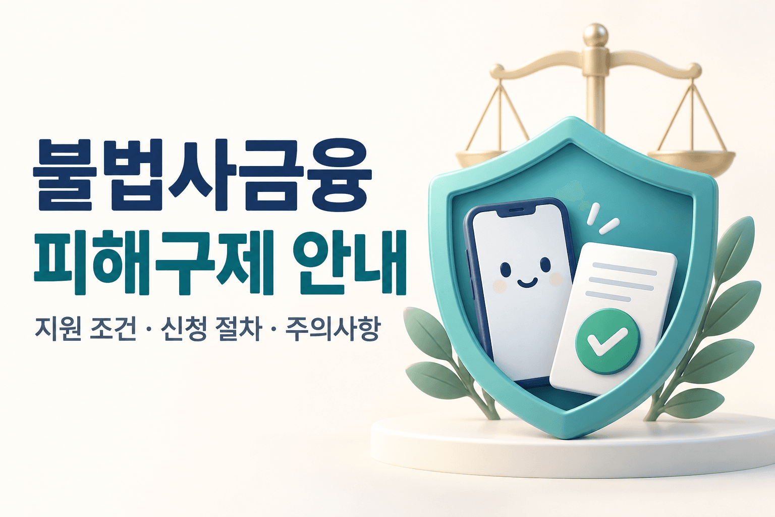 방패와 상담용 전화기, 서류로 표현한 불법사금융 피해구제 지원 조건과 신청 절차 안내