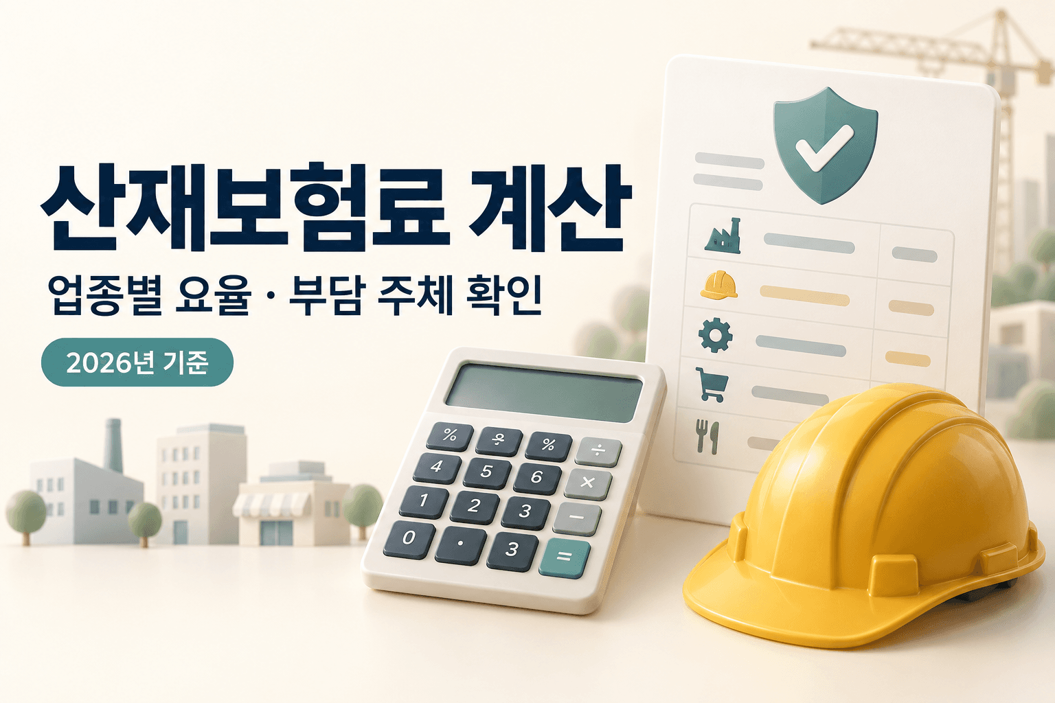2026년 산재보험료 계산과 업종별 요율·부담 주체를 계산기와 안전모로 안내하는 썸네일