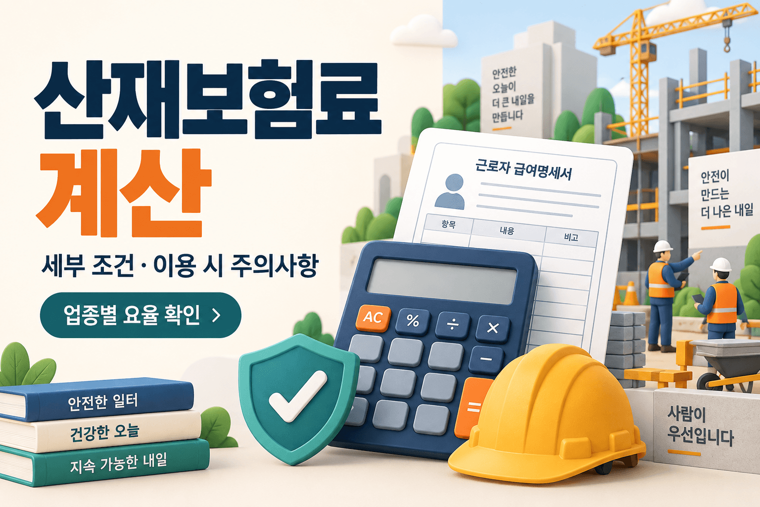 산재보험료 계산과 업종별 요율 확인을 안내하는 계산기·급여명세서·안전모 일러스트