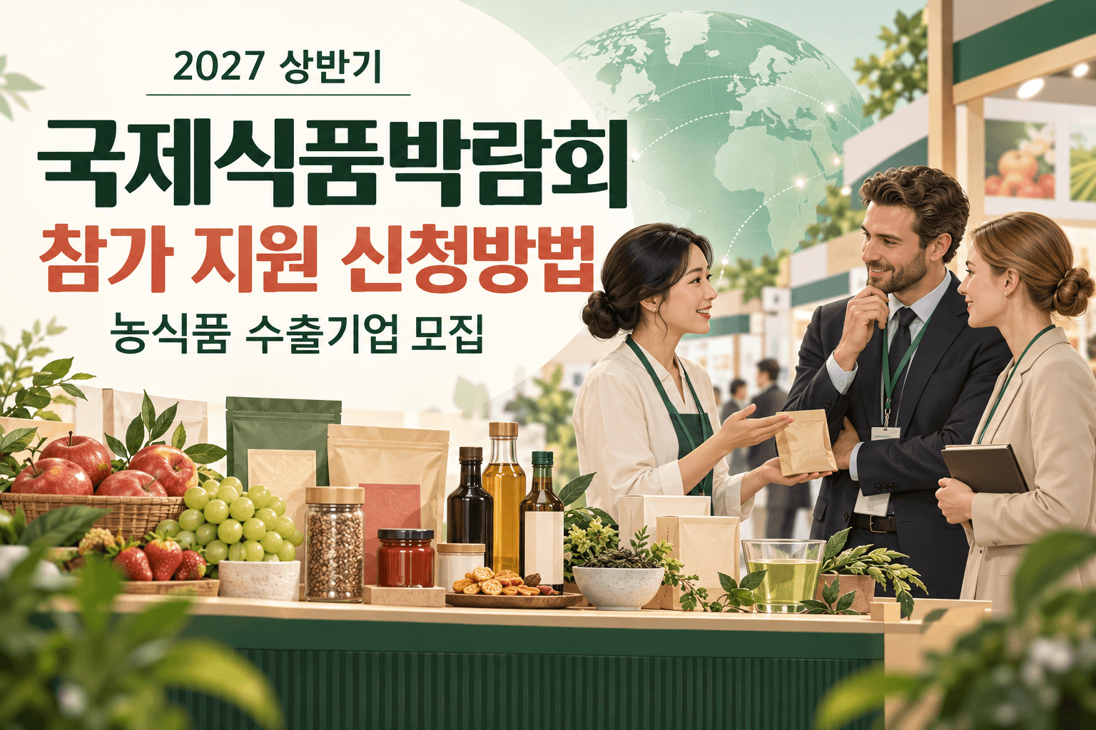 2027 상반기 국제식품박람회 참가 지원 신청과 농식품 수출기업 모집을 안내하는 식품 전시 및 해외 바이어 상담 일러스트
