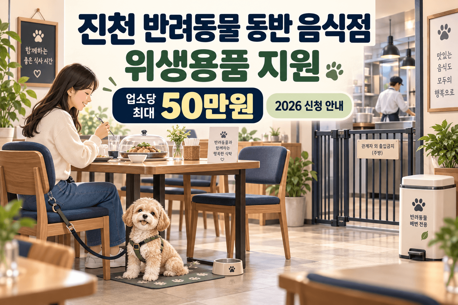 진천 반려동물 동반 음식점의 칸막이와 음식 덮개 등 위생용품 구입비 최대 50만원 지원 안내