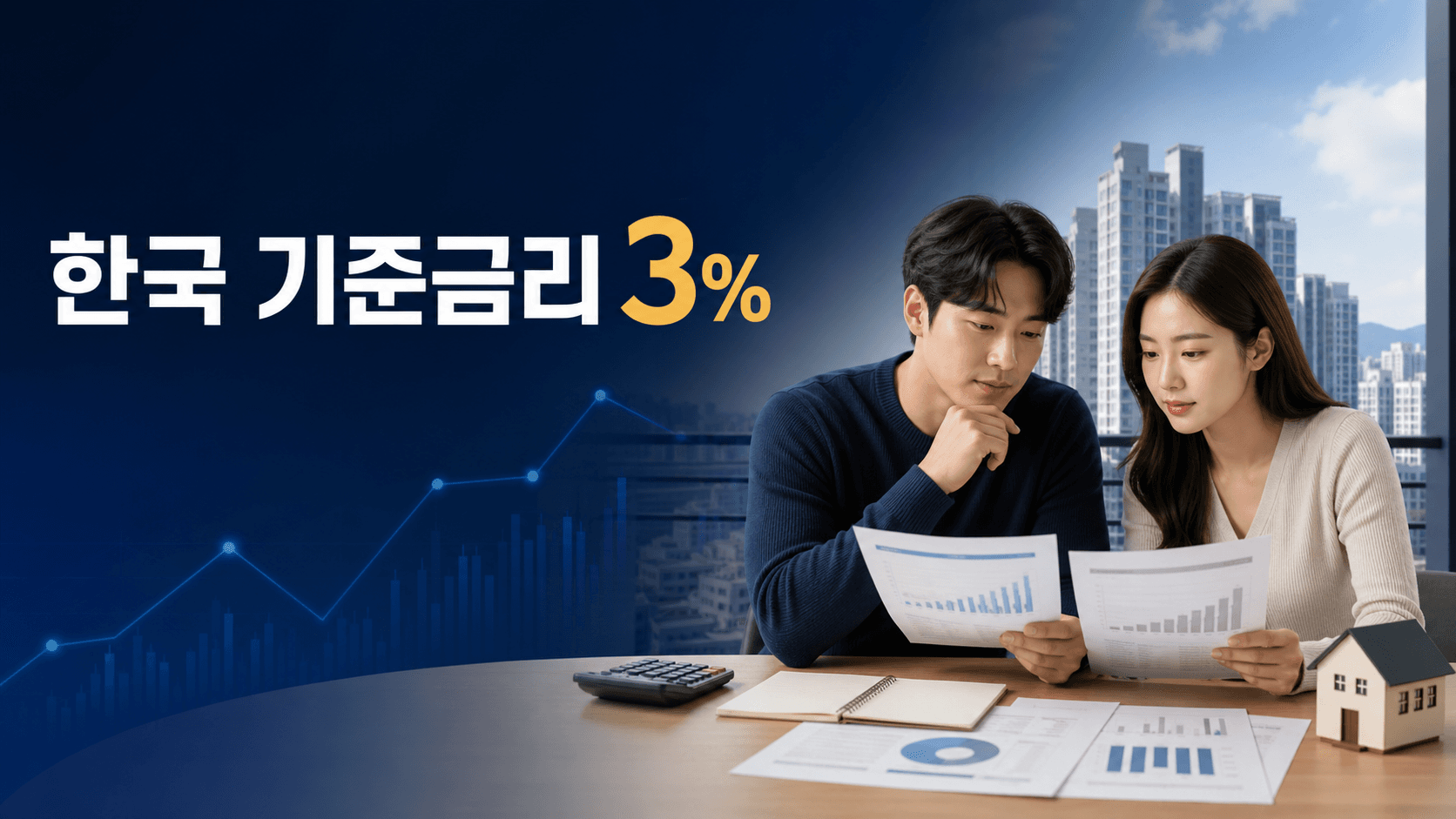 한국 기준금리 3% 시대에 부부가 아파트 주택담보대출 상환계획과 금리표를 비교하는 모습