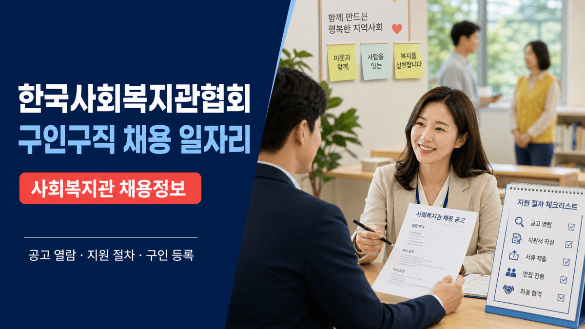한국사회복지관협회 구인구직 게시판의 사회복지관 채용정보와 지원 절차를 안내하는 이미지