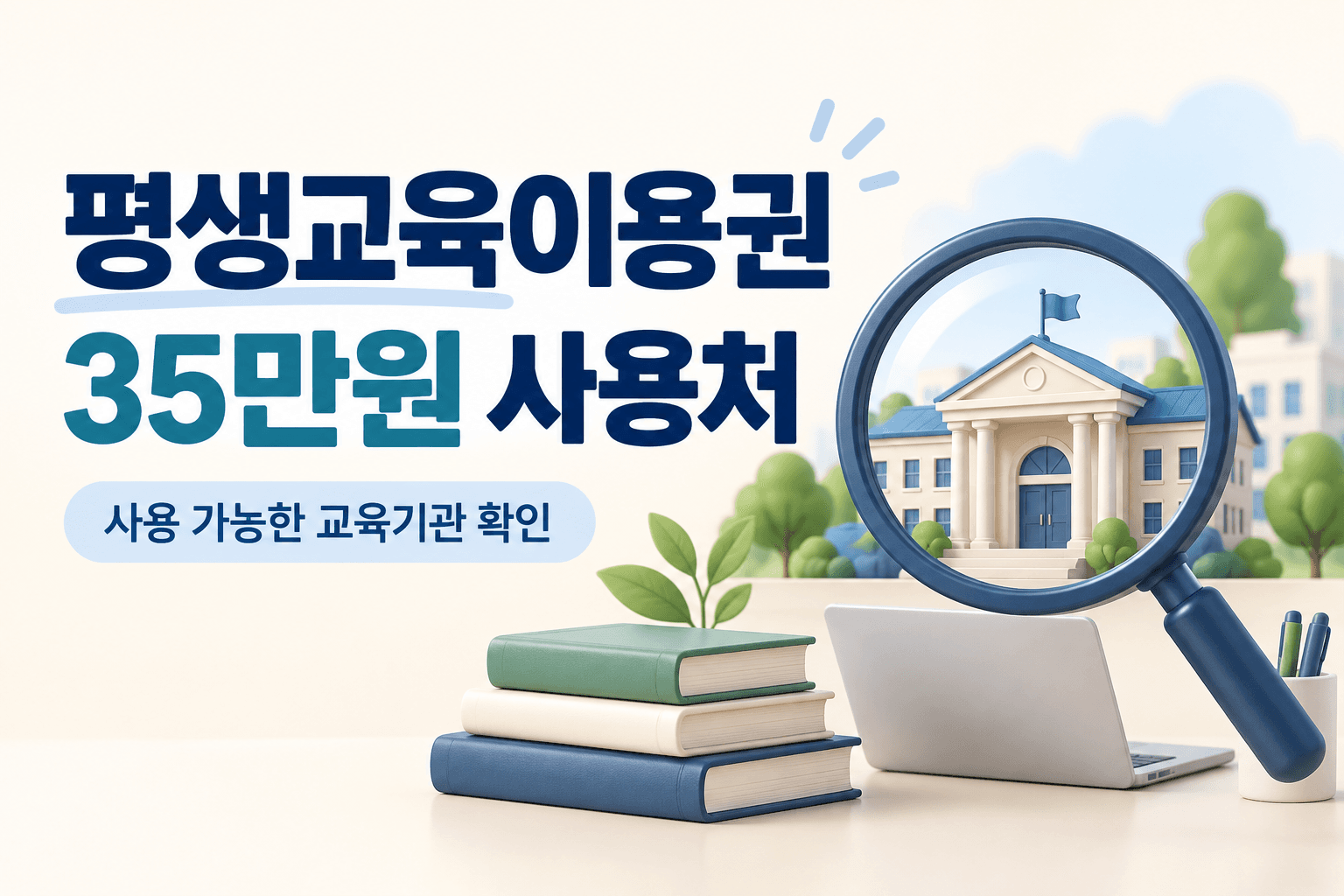 돋보기와 교육기관 건물, 책으로 표현한 평생교육이용권 35만원 사용처 조회 안내