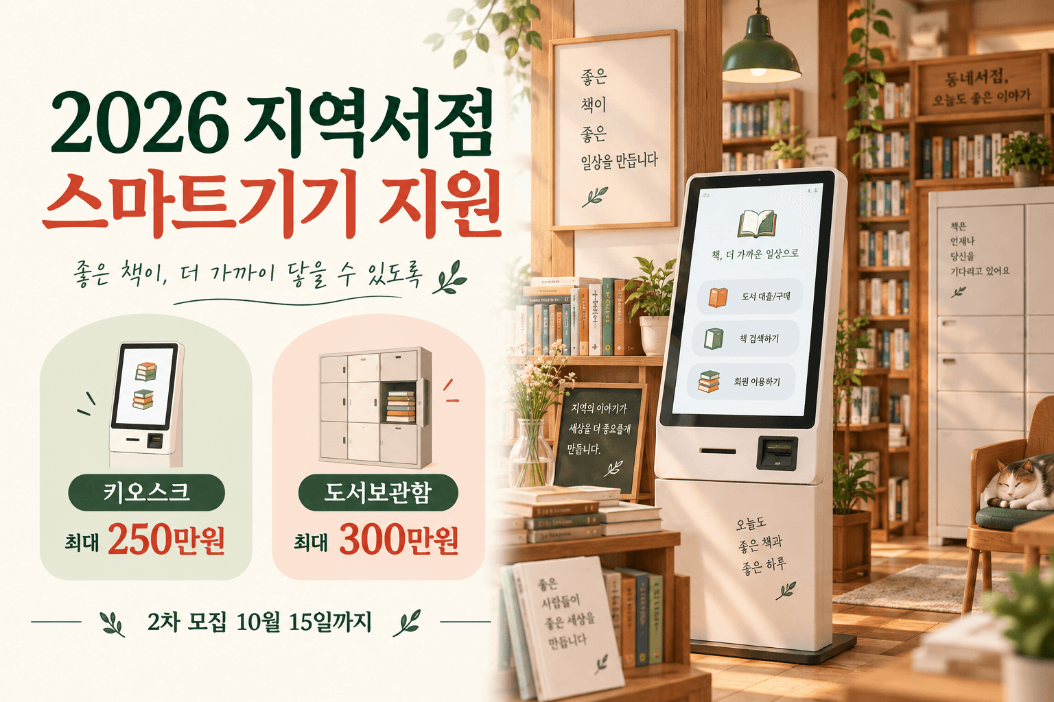 2026 지역서점 스마트기기 2차 모집의 키오스크 최대 250만 원과 도서보관함 최대 300만 원을 안내하는 서점 일러스트