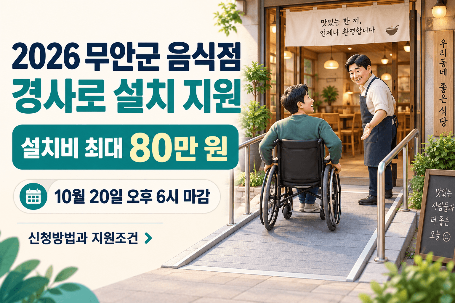 2026 무안군 음식점 경사로 설치비 최대 80만 원 지원과 10월 20일 오후 6시 마감을 안내하는 음식점 출입구 경사로 일러스트
