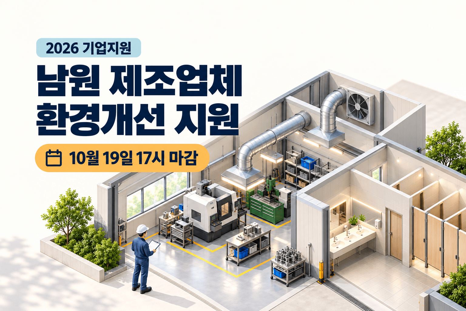 남원 제조업체 환경개선 지원의 10월 19일 17시 마감 안내와 고정식 환기시설 및 근로자 화장실을 표현한 AI 생성 일러스트
