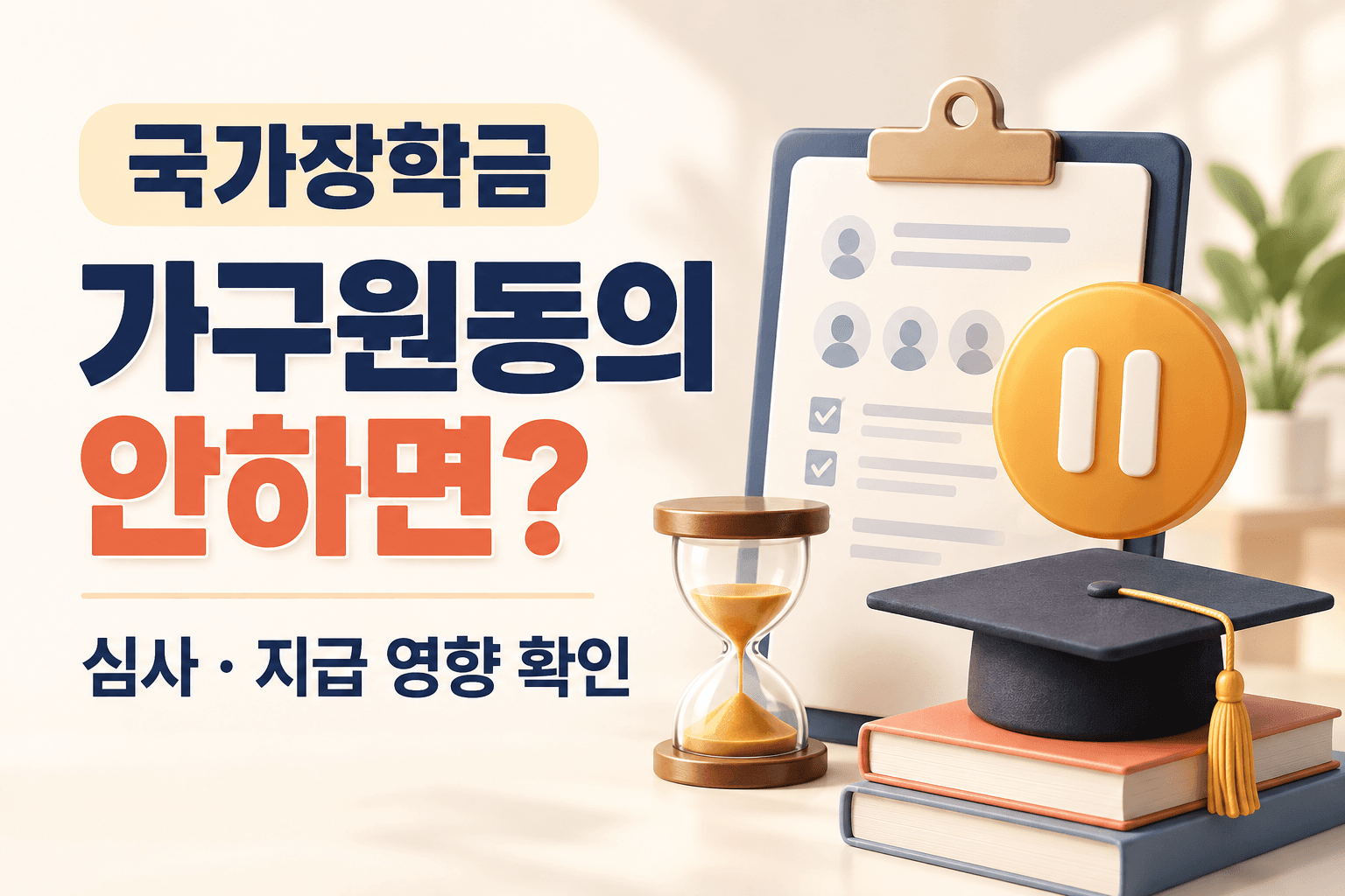 국가장학금 가구원동의 미완료의 심사·지급 영향을 나타낸 일시정지 표시와 서류·모래시계 일러스트