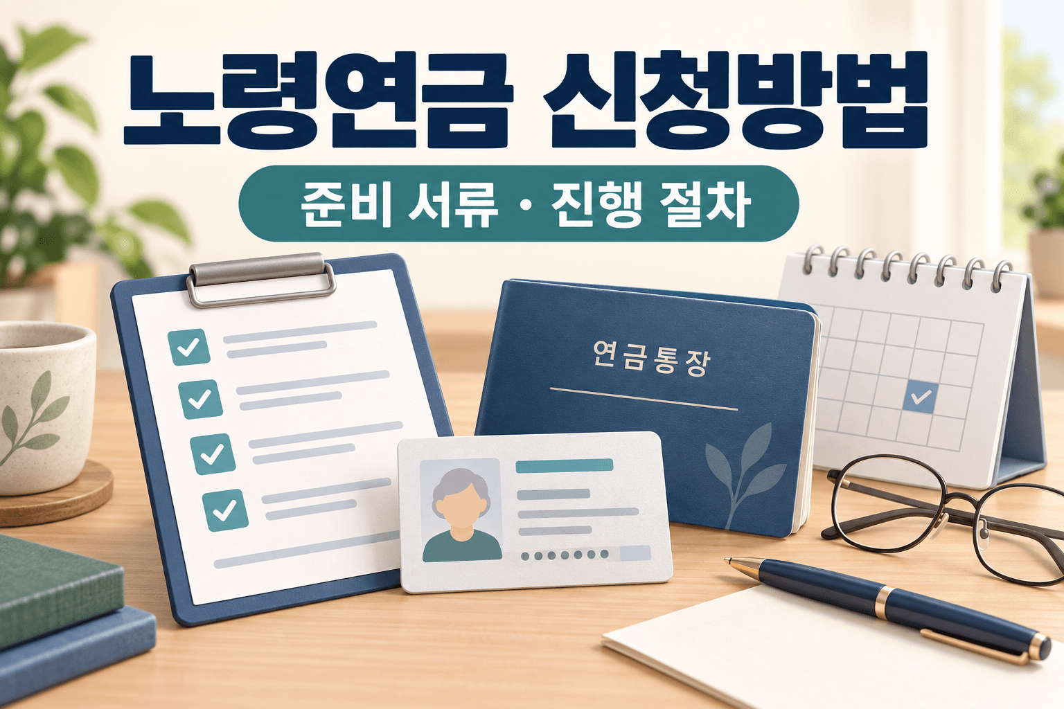 노령연금 신청방법과 준비 서류·진행 절차를 신청서·신분증·연금통장·달력으로 표현한 썸네일