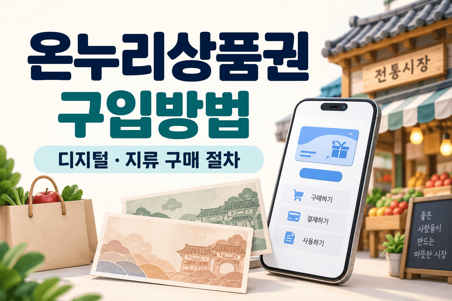 온누리상품권 구입방법과 디지털·지류 구매 절차를 스마트폰·상품권·전통시장으로 표현한 썸네일