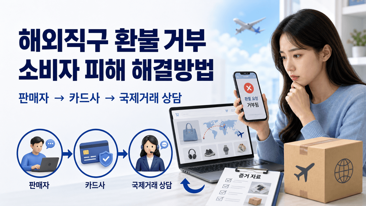 해외직구 환불 거부 시 해외 판매자 카드사 차지백 국제거래 소비자상담 순서를 안내하는 이미지
