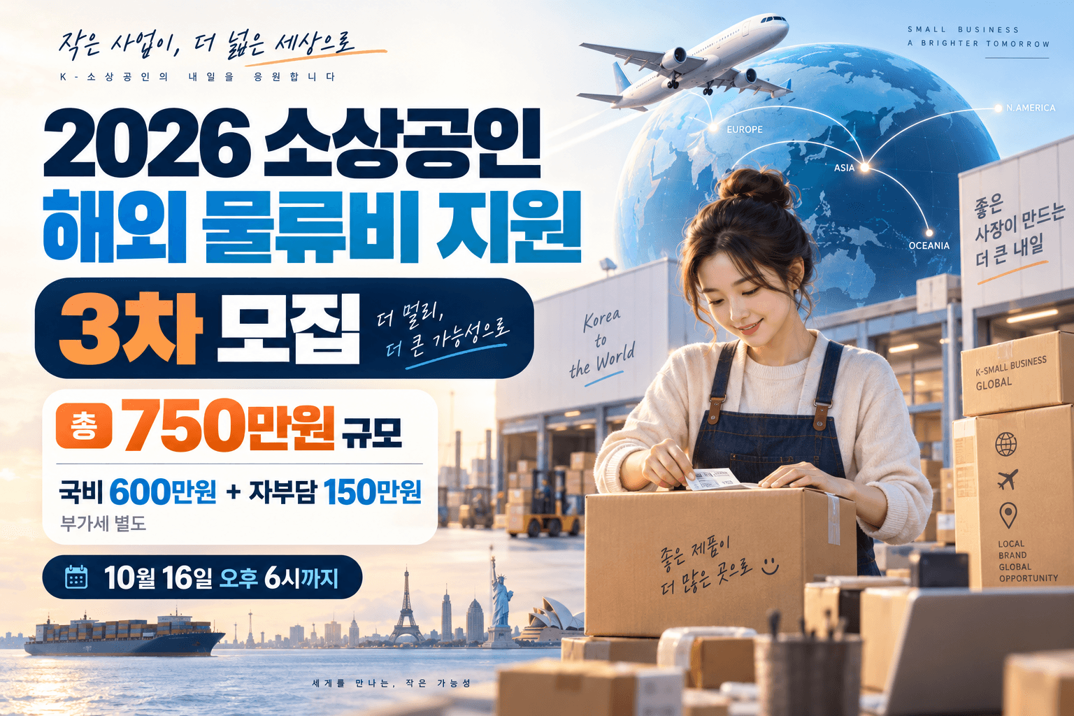 2026 소상공인 해외 물류비 지원 3차의 총 750만 원 규모와 국비 600만 원 및 자부담 150만 원을 안내하는 국제배송 일러스트