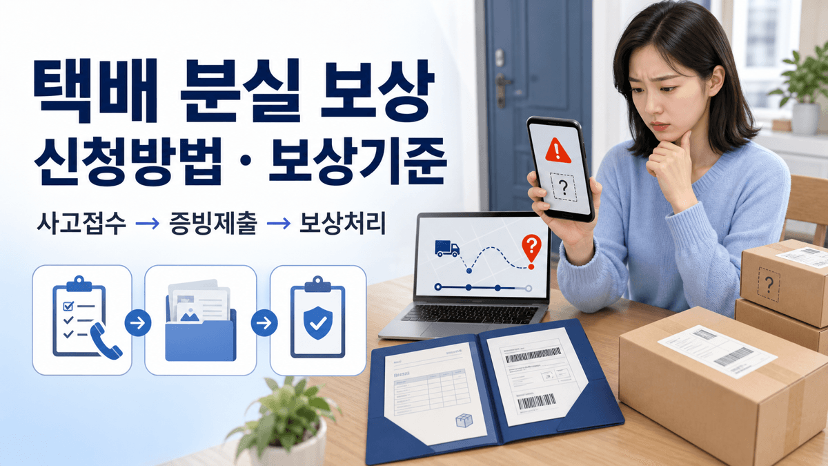 택배 분실 사고 접수부터 증빙자료 제출과 보상 처리까지 신청방법과 보상 기준을 안내하는 이미지