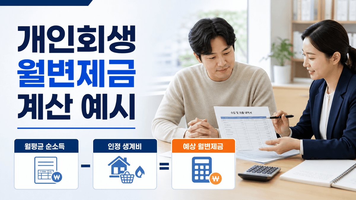 법률 상담에서 월평균 순소득에서 인정 생계비를 빼 개인회생 예상 월변제금을 계산하는 이미지
