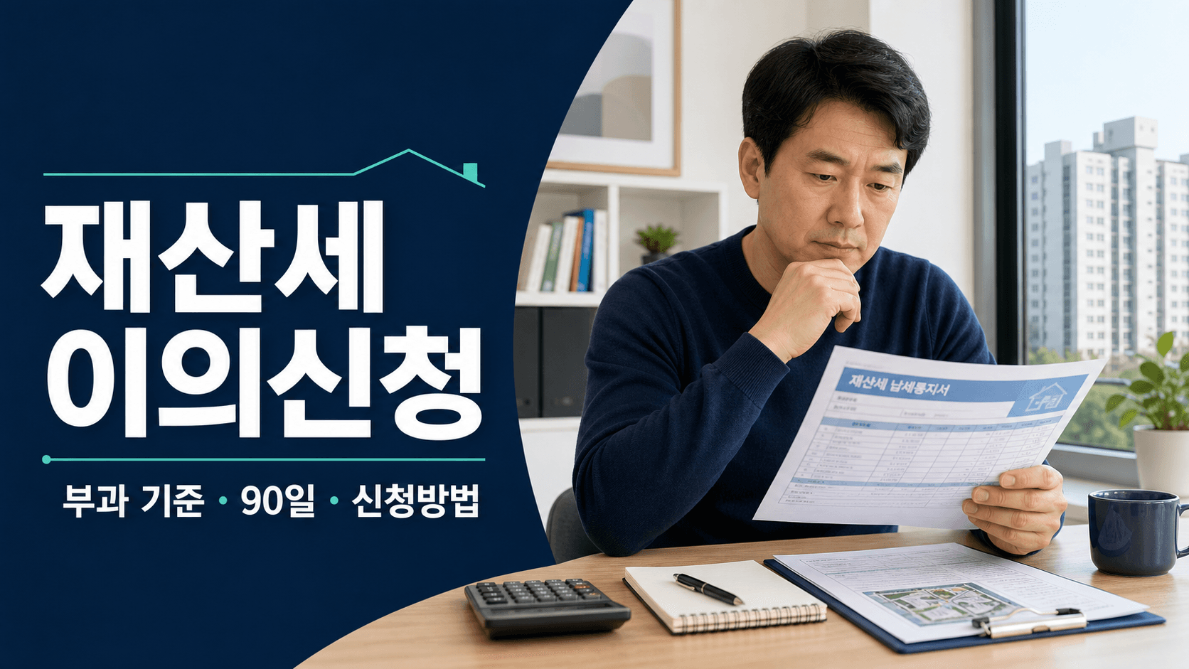 주택 소유자가 재산세 고지서와 계산기를 확인하며 이의신청을 준비하는 모습