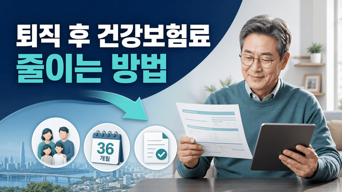 퇴직자가 건강보험료 고지서를 확인하며 피부양자와 임의계속가입 및 소득조정을 비교하는 이미지
