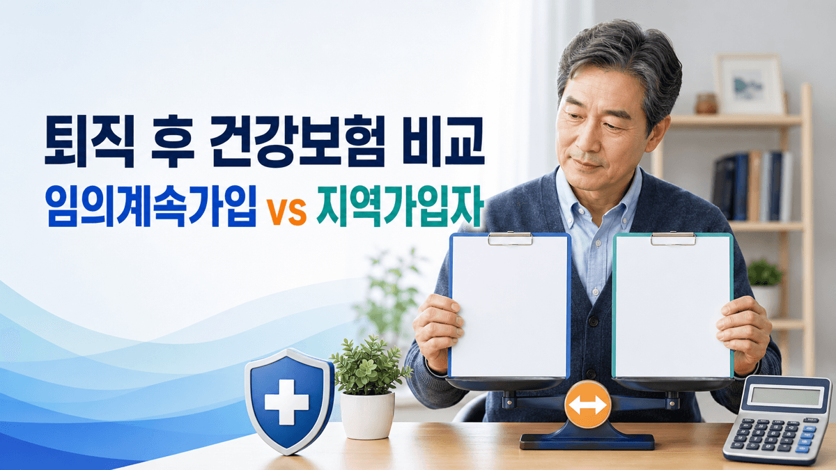 퇴직자가 건강보험 임의계속가입과 지역가입자 보험료를 두 고지서로 비교하는 모습