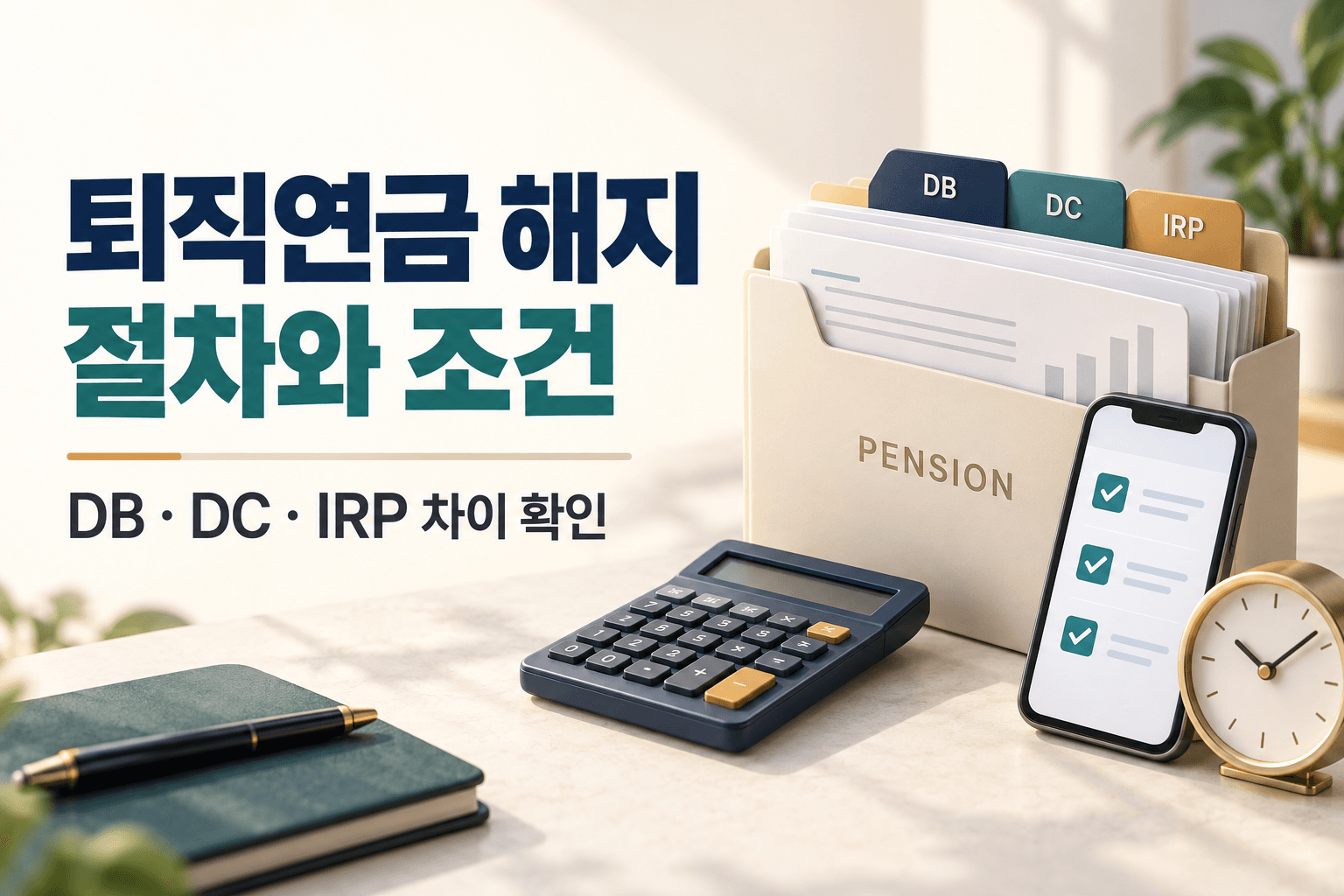 퇴직연금 해지 절차와 DB·DC·IRP 조건을 비교하는 서류·계산기·스마트폰 일러스트
